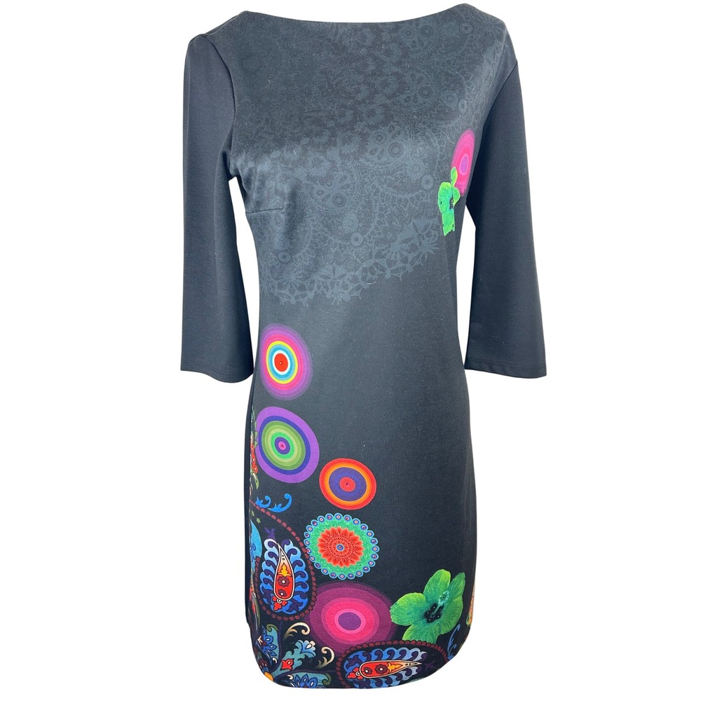 Desigual Womens Black Psychedelic Circle Paisley Print 3/4 Sleeve Shift Dress M